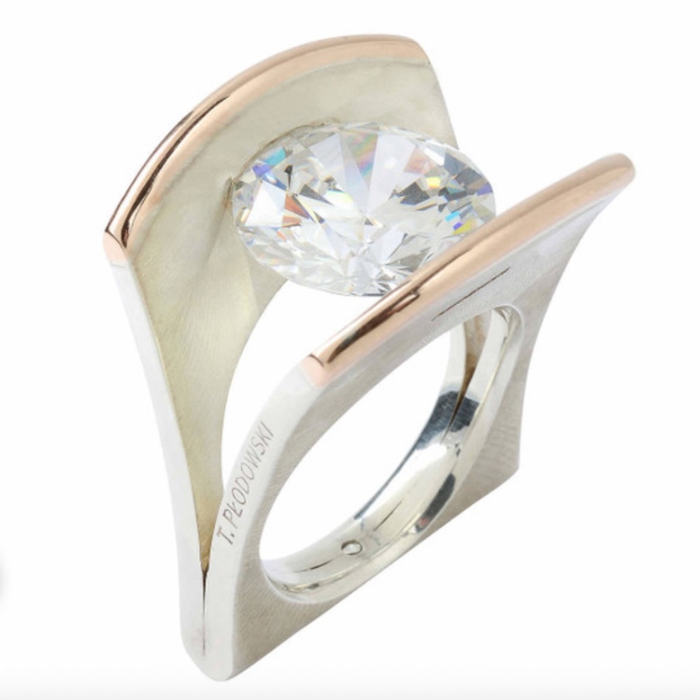 Tomasz Plodowski Sterling 925+14 K yellow gold modernist tension ring SZ 7.5